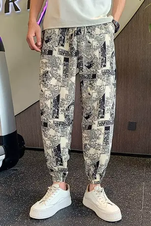 2023夏季潮牌潮流宽松休闲哈伦束脚九分裤凉爽花色冰丝薄款卫裤图片