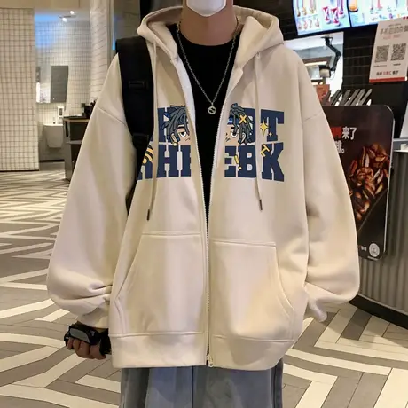 港风潮牌连帽卫衣男春秋季2024新款拉链开衫外套男装美式重磅宽松商品大图