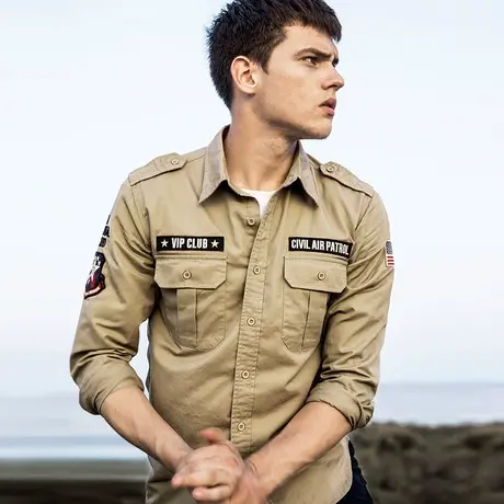 VIP工装长袖衬衫男士薄款大码休闲衬衣美式复古春秋纯棉外套潮牌商品大图