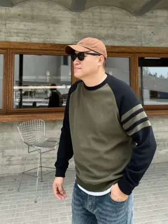 大依无忧秋新款大码男装插肩绿色潮胖子加肥加大男款圆领长袖卫衣商品大图