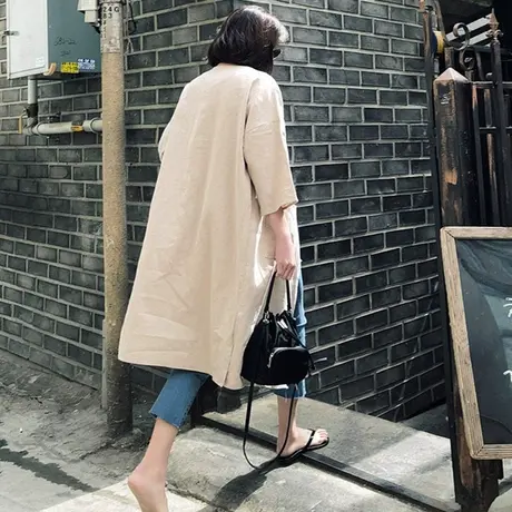 夏装新款七分袖棉麻防晒衣女中长款韩版开叉双口袋亚麻空调衫外套商品大图