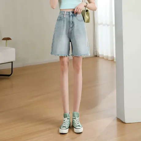 时尚气质牛仔短裤2023年夏季新款女士简约高腰显瘦通勤直筒中裤商品大图