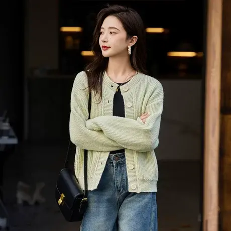 时尚气质毛衣开衫2023年秋季新款女士圆领温柔百搭长袖短款上衣商品大图