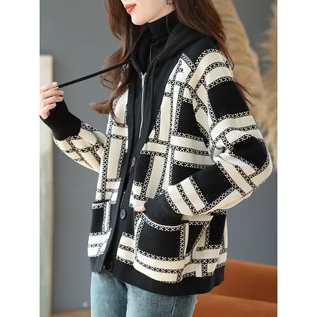 宝诗黎连帽格子拼接假两件外套2024春季新款宽松时尚上衣拉链开衫商品大图