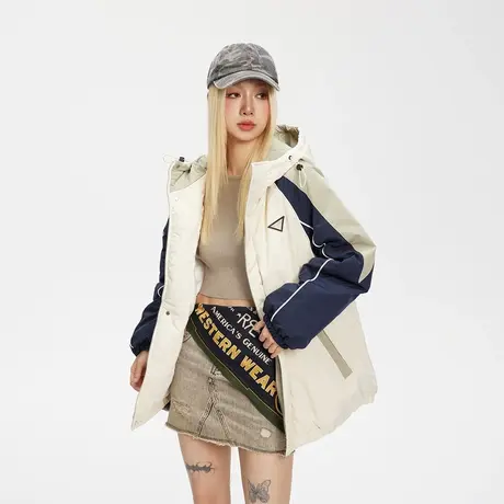 户外拼接潮牌连帽棉服女冬季加厚外套2023新款复古宽松棉衣商品大图