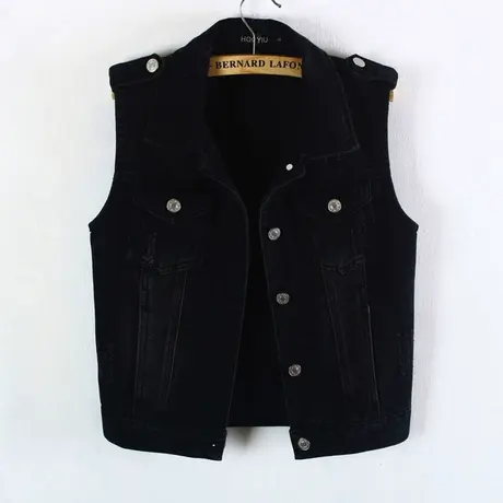 牛仔马甲女短款修身韩版潮显瘦春秋无袖外套背心大码马夹黑色肩章商品大图