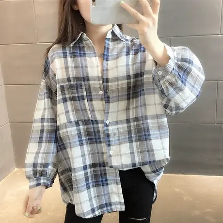 2023秋季新款韩版宽松格子衬衫女中长款显瘦长袖上衣复古外穿衬衣商品大图