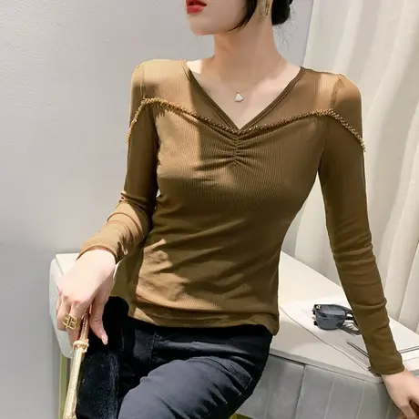 性感V领网纱打底衫女春秋2024新款纯色百搭上衣气质钉珠T恤长袖图片