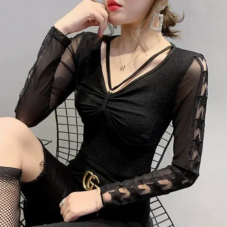 2024新款潮流女装性感镂空V领T恤女长袖春装小众设计感洋气上衣潮商品大图