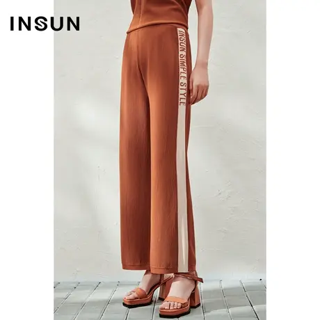 INSUN恩裳线上专选夏季冰丝天麻丝侧边LOGO双色休闲裤图片