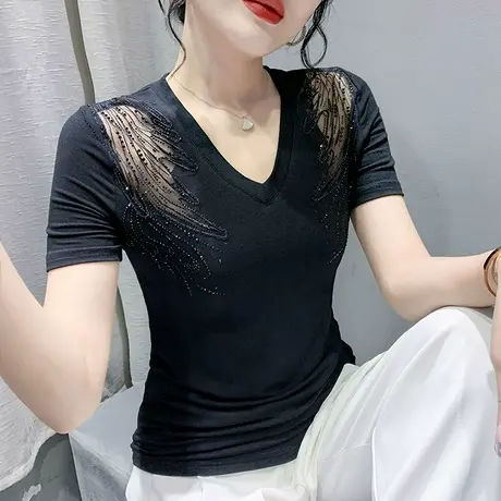 网纱拼接V领上衣女欧货2024年新款性感洋气T恤潮流修身烫钻打底衫商品大图