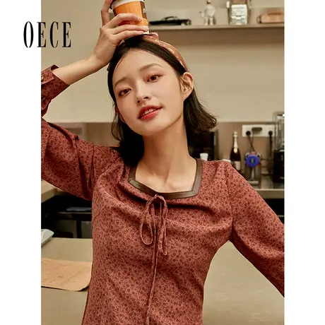 Oece复古方领连衣裙春秋秋新款女气质碎花长袖气质裙子图片