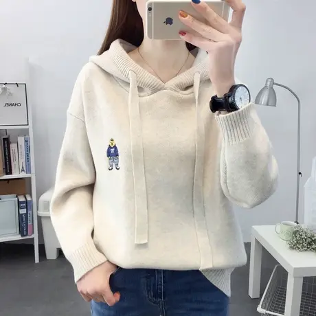 连帽小熊针织卫衣2023新款时尚宽松洋气外套毛衣加厚带帽女士上衣商品大图
