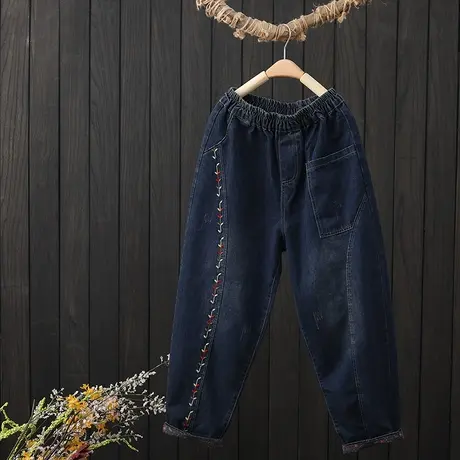 文艺复古拼接刺绣牛仔长裤女春季新款百搭宽松显瘦休闲哈伦裤春秋图片