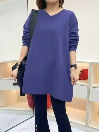 净版小V领开叉中长款T恤女2023年春秋季新款大码慵懒风长袖上衣潮图片