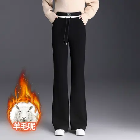 羊毛呢微喇裤女2023年秋冬新款松紧腰加绒加厚显瘦抽绳休闲长裤子商品大图