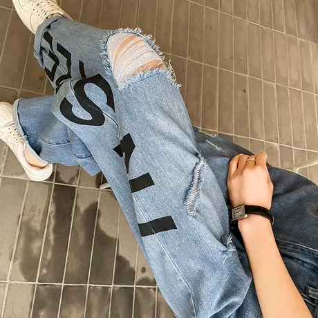 破洞牛仔裤女春秋季潮2023新款裤子高腰小个子字母直筒宽松阔腿裤商品大图