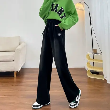 黑色休闲运动阔腿裤女2023春秋新款女裤窄版阔腿裤高腰垂感直筒裤商品大图