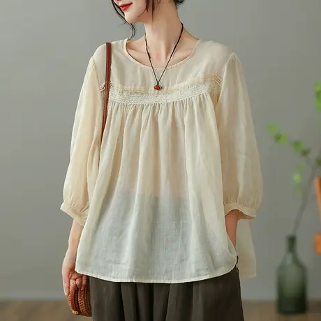 dza 纯色苎麻衬衫娃娃衫女2023夏季圆领衬衣宽松显瘦棉麻套头上衣商品大图