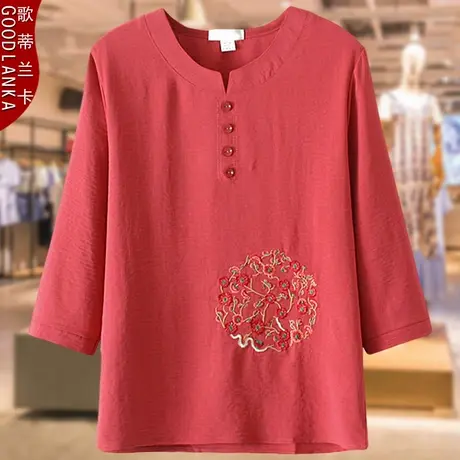 中年四五十岁妈妈夏季中袖上衣民族风绣花加肥加大码女装薄款小衫商品大图