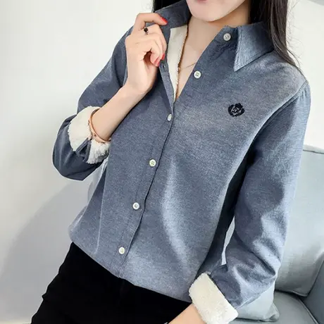 秋冬季韩版纯色刺绣加绒加厚衬衫女长袖学生保暖简约内搭打底衬衣商品大图