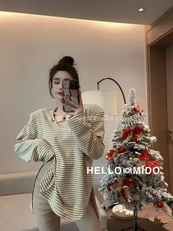 韩国22秋冬宽松领口设计百搭条纹纯色垫肩开衩磨毛长袖T恤打底衫商品大图