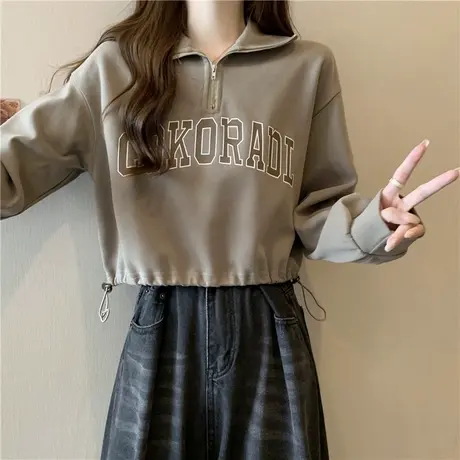 小个子短款收腰下摆POLO领卫衣女秋季宽松半拉链设计感薄款上衣服商品大图