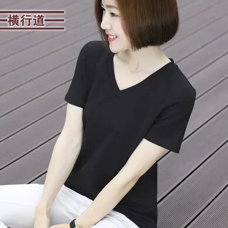 夏装新款女士短袖t恤打底衫宽松2025v领休闲白色半袖黑色上衣服商品大图
