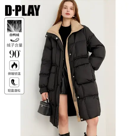 DPLAY冬装休闲风撞色保暖防风长款黑色羽绒服外套女商品大图