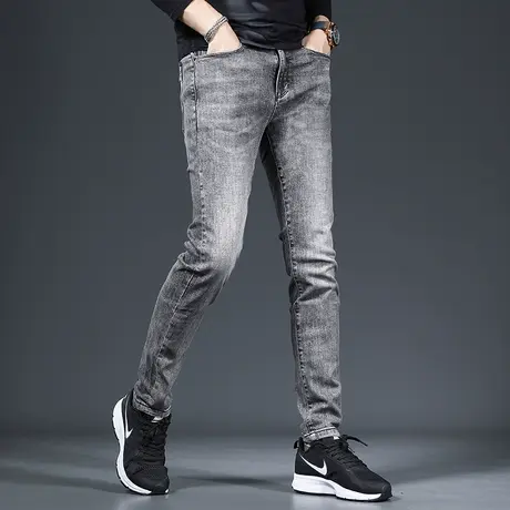 清仓 秋季新款牛仔裤男款修身小脚烟灰色韩版潮流男士长裤子厚款商品大图