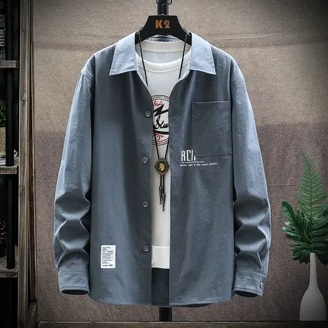 男生春季潮牌上衣服春秋款排扣长袖外套春天男士翻领衬衫男装衬衣商品大图