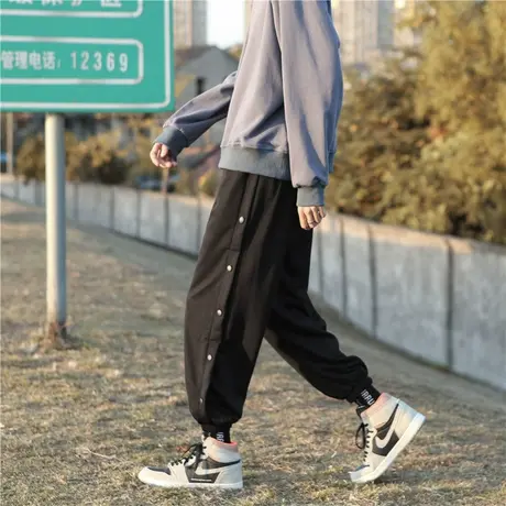 秋冬季款休闲裤男士宽松束脚黑色运动加绒排扣哈伦工装卫裤子潮牌商品大图