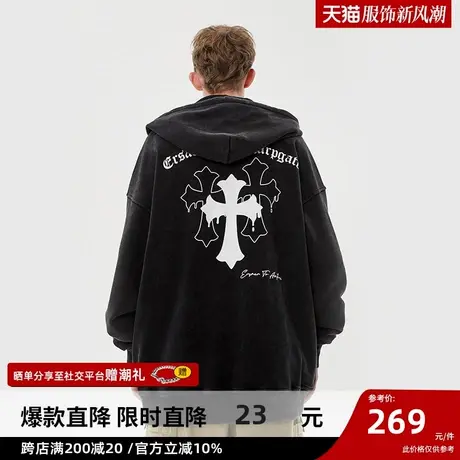 ER哥特风十字架重磅卫衣男美式高街潮牌连帽衫oversize情侣外套秋商品大图