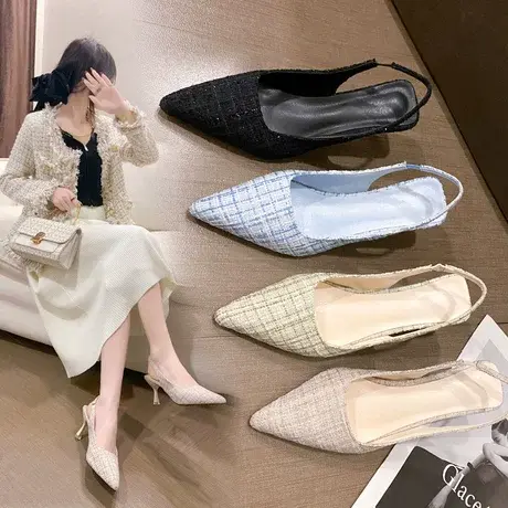 法式时尚高跟鞋2023夏季新款简约时尚尖头细跟一字扣包头凉鞋女商品大图