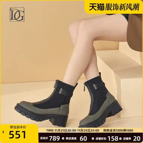 前拉链厚底马丁靴女真皮2023新款春秋粗跟松糕底增高英伦风短筒靴商品大图