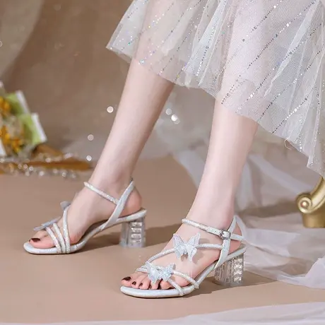 百翎2023夏季新款凉鞋女粗跟水晶跟水钻蝴蝶中跟细带仙女风女鞋子商品大图