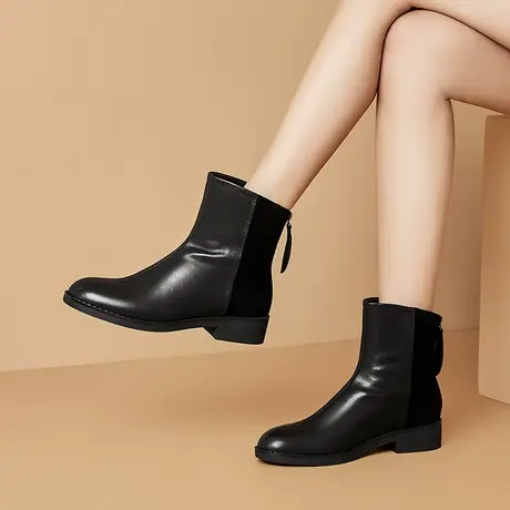 新款头层牛皮磨砂羊皮拼接短靴女粗中跟后拉链舒适保暖绒里圆头靴图片