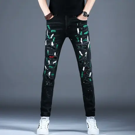 男士秋冬季新款破洞涂鸦牛仔裤男款2023新款小脚修身补丁乞丐潮牌商品大图