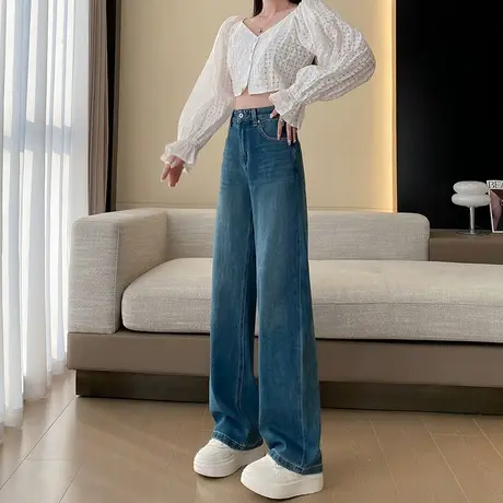 直筒牛仔裤女2024年新款春秋高腰显瘦宽松百搭窄版遮胯阔腿拖地裤图片