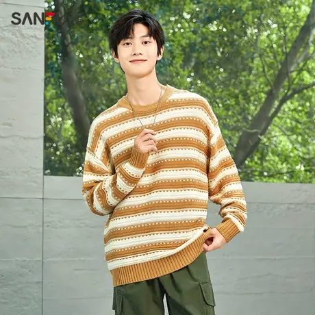 直播秒杀三福2023秋冬季新款圆领毛衣男宽条纹时尚宽松打底衫男生商品大图
