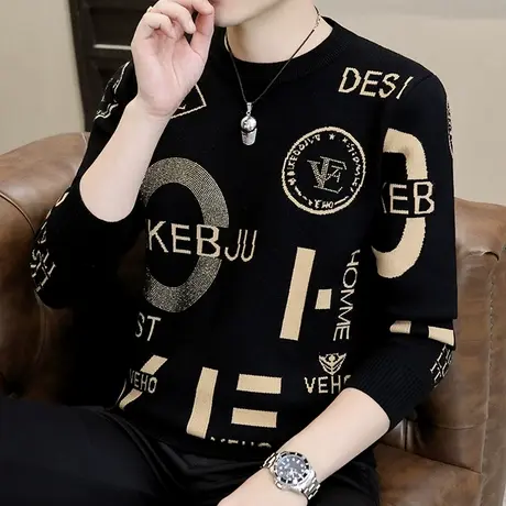 圆领毛衣男秋冬季潮牌潮流保暖加绒加厚针织打底衫内搭男装线衣服图片