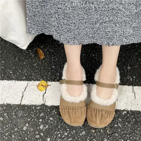 厚底日系毛毛鞋勃肯鞋2024秋冬款软平底复古褶皱配裙子加绒单鞋女图片