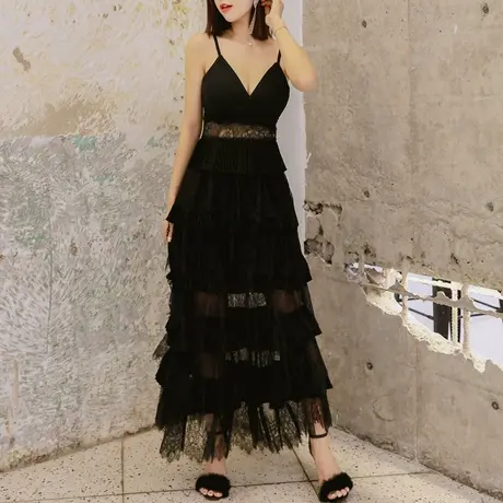 年会敬酒服名媛轻奢气质晚礼服女2024新款修身吊带黑色蕾丝连衣裙商品大图