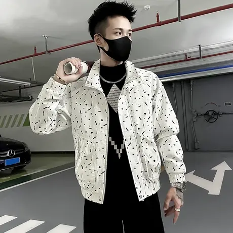 春季工装夹克男2024新款ins潮流满印高级感立领宽松休闲外套上衣图片