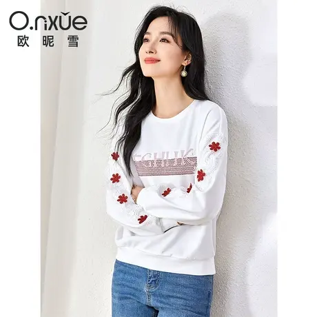 欧昵雪2024春秋新款休闲套头圆领显瘦绣花宽松卫衣女花边长袖上衣商品大图
