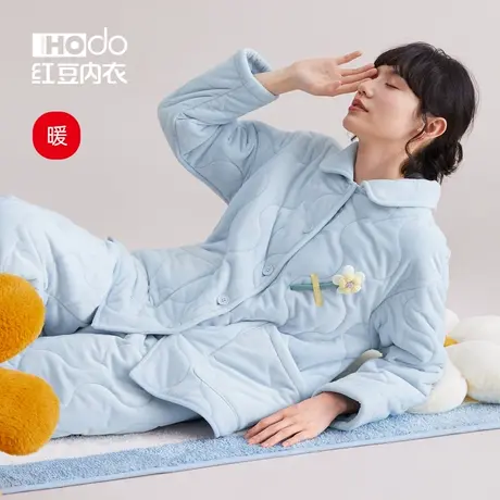 红豆女士睡衣夹棉冬季三层加厚保暖抗静电法兰绒可外穿家居服套装商品大图