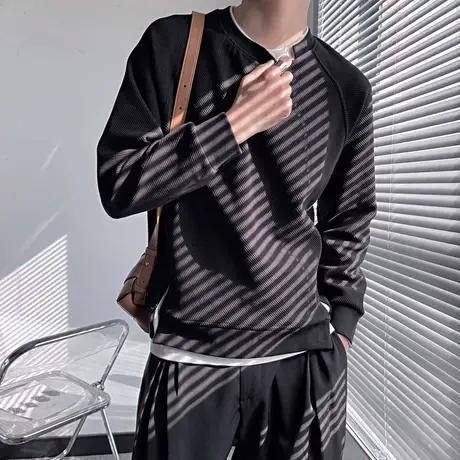 个性休闲上衣纯色假两件圆领卫衣T恤男春季重磅潮牌长袖打底体恤图片