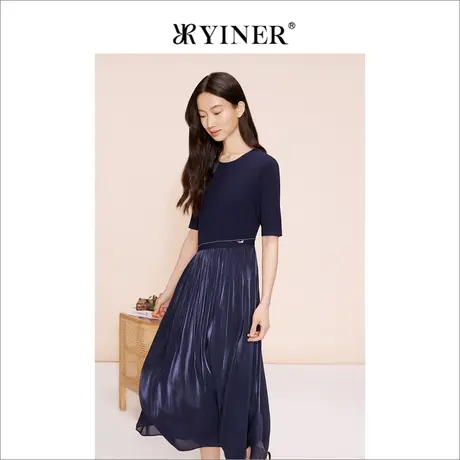 YINER音儿女装夏季时尚法式优雅圆领压褶气质连衣裙商品大图