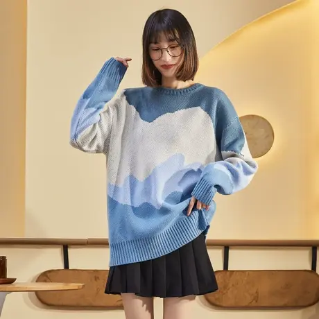 唐狮春秋新款毛衣女圆领渐变加厚针织衫宽松韩版学生上衣潮图片