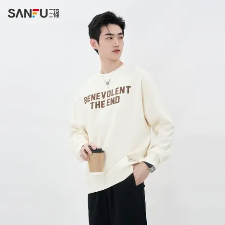 三福2024春季男士休闲发泡字母卫衣 时尚宽松圆领上衣男484050图片